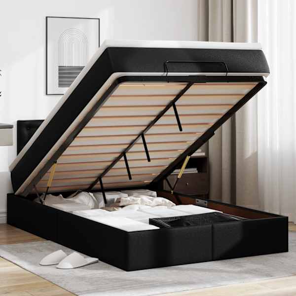 LED-valgustusega voodiraam peatsiga koos madratsiga, must, 120 × 190 cm, kunstnahk — mudel 3312142