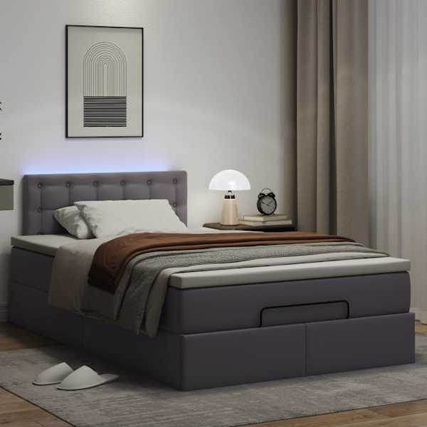 LED-valgustusega voodiraam peatsiga koos madratsiga, hall, 120 × 190 cm, kunstnahk — mudel 3312145