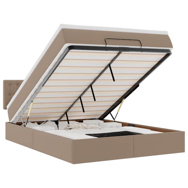 LED-valgustusega voodiraam peatsiga koos madratsiga, cappuccino, 140 × 190 cm, kunstnahk — mudel 3312156