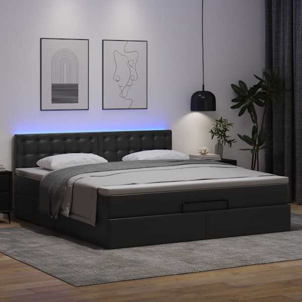 LED-valgustusega voodiraam peatsiga koos madratsiga, must, 180 × 200 cm, kunstnahk — mudel 3312167