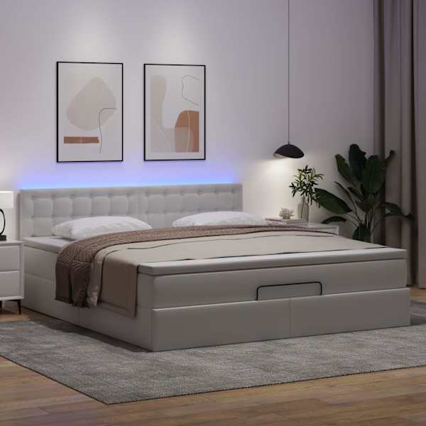 LED-valgustusega voodiraam peatsiga koos madratsiga, puhas valge, 180 × 200 cm, kunstnahk — mudel 3312168
