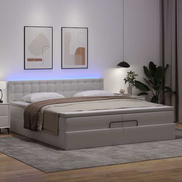 LED-valgustusega voodiraam peatsiga koos 2 madratsiga, puhas valge, 200 × 200 cm, kunstnahk — mudel 3312173