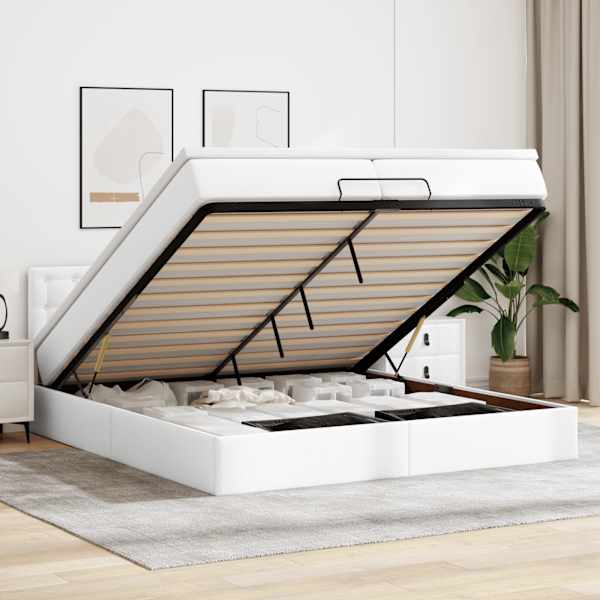 LED-valgustusega voodiraam peatsiga koos 2 madratsiga, puhas valge, 200 × 200 cm, kunstnahk — mudel 3312173