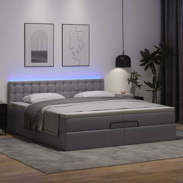 LED-valgustusega voodiraam peatsiga koos 2 madratsiga, hall, 200 × 200 cm, kunstnahk — mudel 3312175