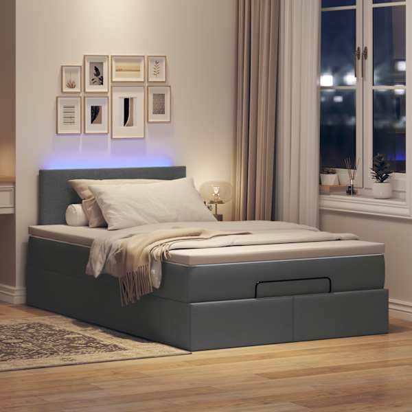 LED-valgustusega voodiraam peatsiga koos madratsiga, tumehall, 120 × 190 cm, kangas — mudel 3312209
