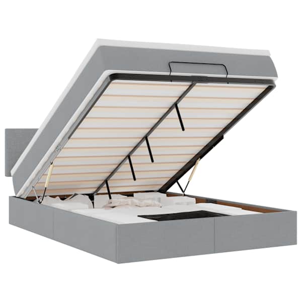 LED-valgustusega voodiraam peatsiga koos madratsiga, helehall, 140 × 190 cm, kangas — mudel 3312222