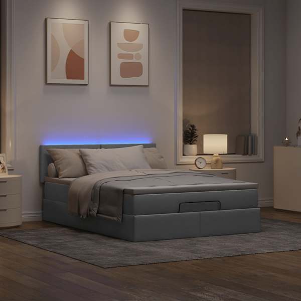 LED-valgustusega voodiraam peatsiga koos madratsiga, helehall, 140 × 190 cm, kangas — mudel 3312222