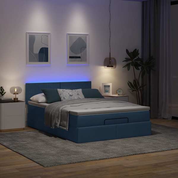 LED-valgustusega voodiraam peatsiga koos madratsiga, helehall, 140 × 190 cm, kangas — mudel 3312228