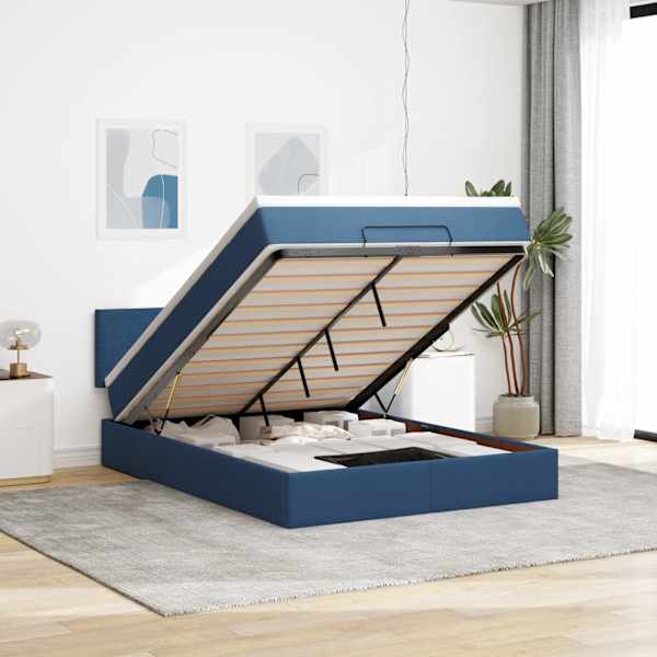 LED-valgustusega voodiraam peatsiga koos madratsiga, helehall, 140 × 190 cm, kangas — mudel 3312228