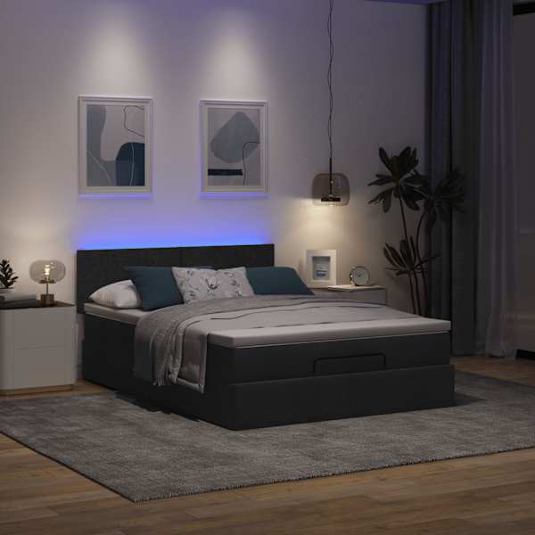 LED-valgustusega voodiraam peatsiga koos madratsiga, must, 140 × 200 cm, kangas — mudel 3312231