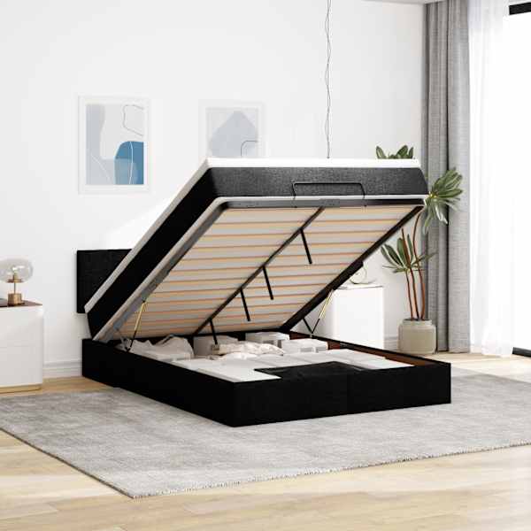 LED-valgustusega voodiraam peatsiga koos madratsiga, must, 140 × 200 cm, kangas — mudel 3312231
