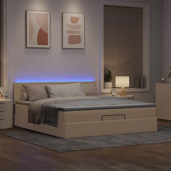 LED-valgustusega voodiraam peatsiga koos madratsiga, kreemjasvalge, 160 × 200 cm, kangas — mudel 3312241
