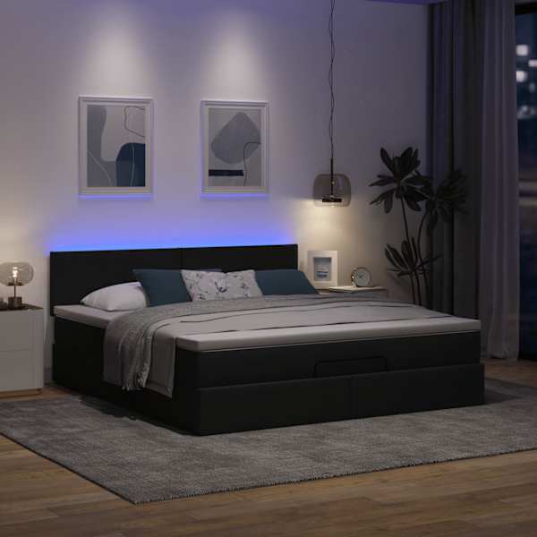 LED-valgustusega voodiraam peatsiga koos madratsiga, tumehall, 180 × 200 cm, kangas — mudel 3312244