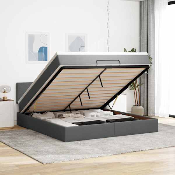 LED-valgustusega voodiraam peatsiga koos madratsiga, tumehall, 180 × 200 cm, kangas — mudel 3312244