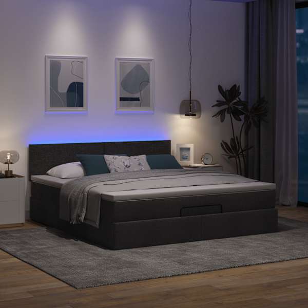 LED-valgustusega voodiraam peatsiga koos madratsiga, must, 180 × 200 cm, kangas — mudel 3312245