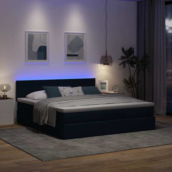 LED-valgustusega voodiraam peatsiga koos madratsiga, sinine, 180 × 200 cm, kangas — mudel 3312249
