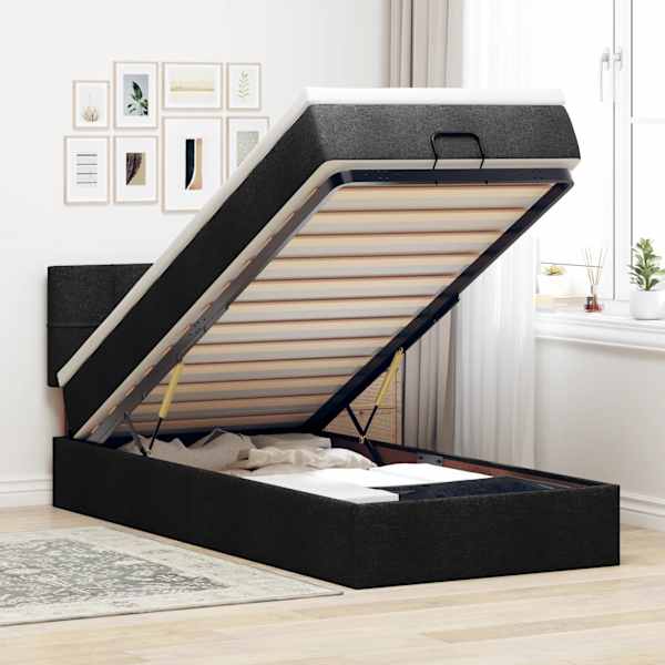 LED-valgustusega voodiraam peatsiga koos madratsiga, must, 90 × 190 cm, kangas — mudel 3312272