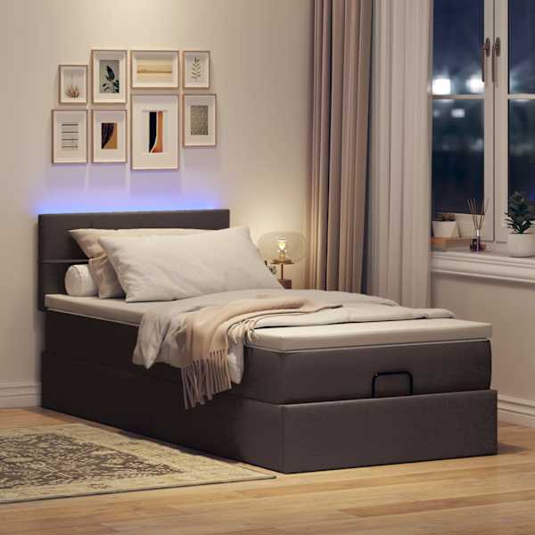 LED-valgustusega voodiraam peatsiga koos madratsiga, tumepruun, 90 × 190 cm, kangas — mudel 3312273