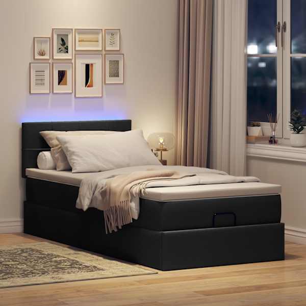 LED-valgustusega voodiraam peatsiga koos madratsiga, must, 90 × 200 cm, kangas — mudel 3312279