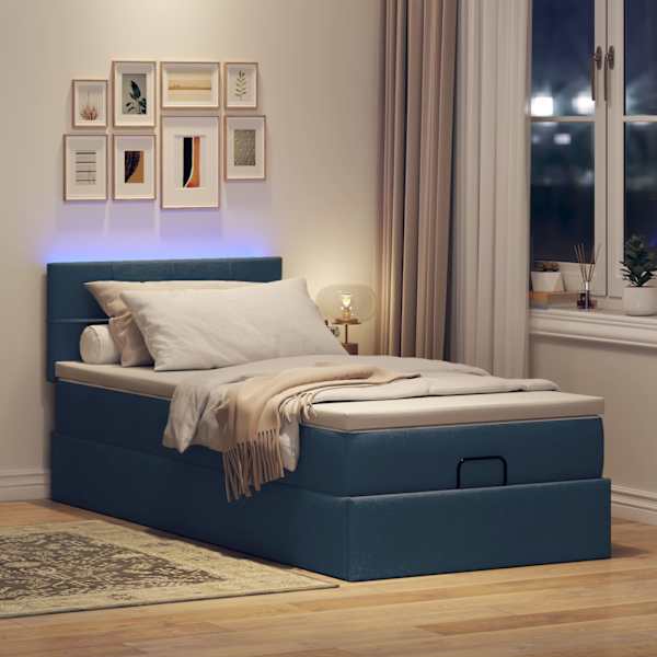 LED-valgustusega voodiraam peatsiga koos madratsiga, sinine, 90 × 200 cm, kangas — mudel 3312283