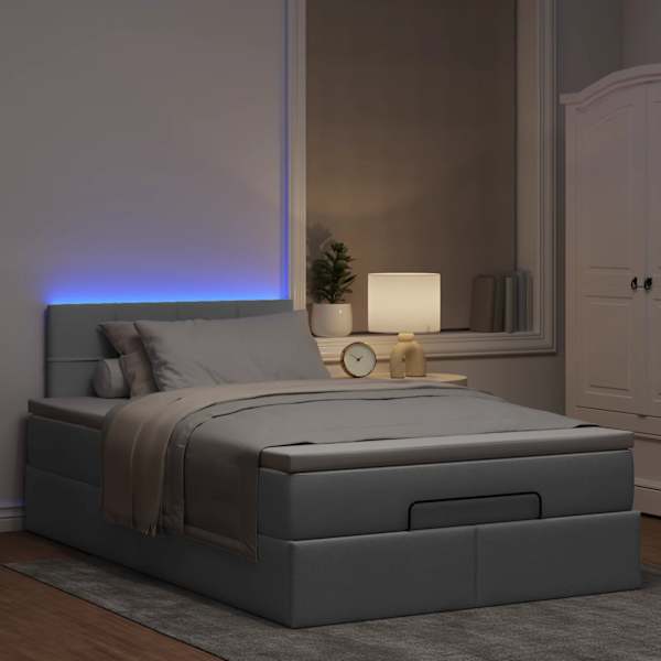 LED-valgustusega voodiraam peatsiga koos madratsiga, helehall, 120 × 190 cm, kangas — mudel 3312291