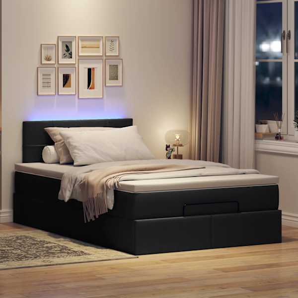 LED-valgustusega voodiraam peatsiga koos madratsiga, must, 120 × 190 cm, kangas — mudel 3312293