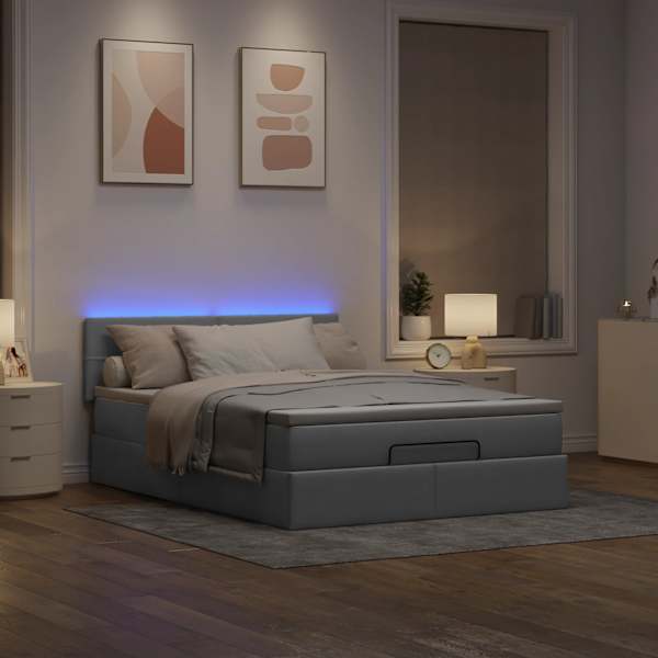LED-valgustusega voodiraam peatsiga koos madratsiga, helehall, 140 × 200 cm, kangas — mudel 3312312