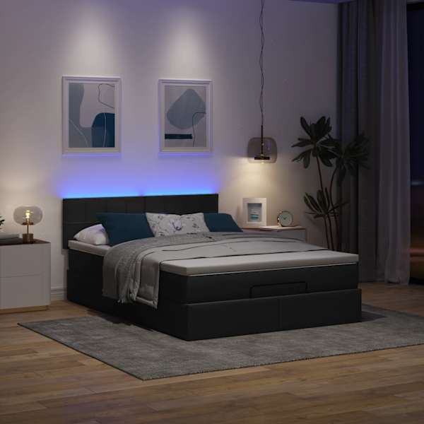 LED-valgustusega voodiraam peatsiga koos madratsiga, must, 140 × 200 cm, kangas — mudel 3312314