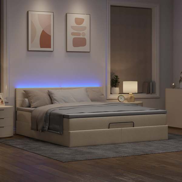 LED-valgustusega voodiraam peatsiga koos madratsiga, kreemjasvalge, 160 × 200 cm, kangas — mudel 3312324