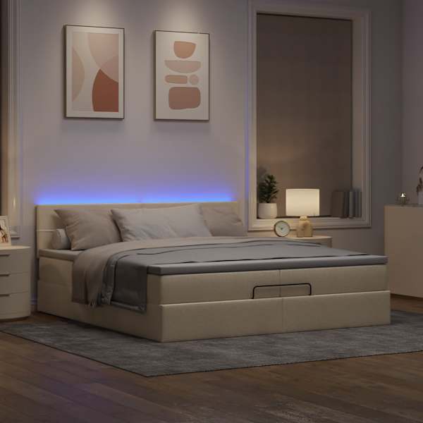 LED-valgustusega voodiraam peatsiga koos 2 madratsiga, kreemjasvalge, 200 × 200 cm, kangas — mudel 3312338