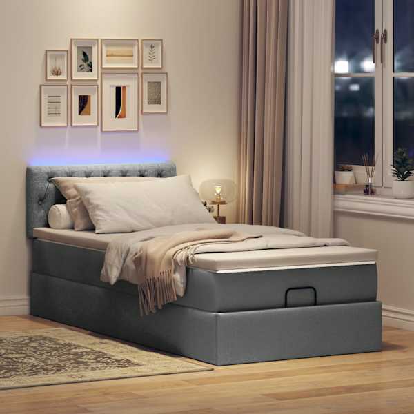 LED-valgustusega voodiraam peatsiga koos madratsiga, tumehall, 90 × 200 cm, kangas — mudel 3312361