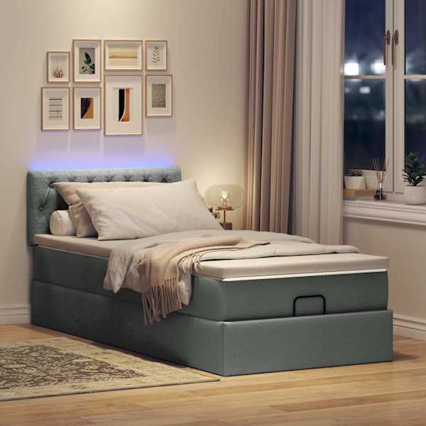 LED-valgustusega voodiraam peatsiga koos madratsiga, tumehall, 100 × 200 cm, kangas — mudel 3312368