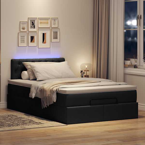LED-valgustusega voodiraam peatsiga koos madratsiga, must, 120 × 190 cm, kangas — mudel 3312376