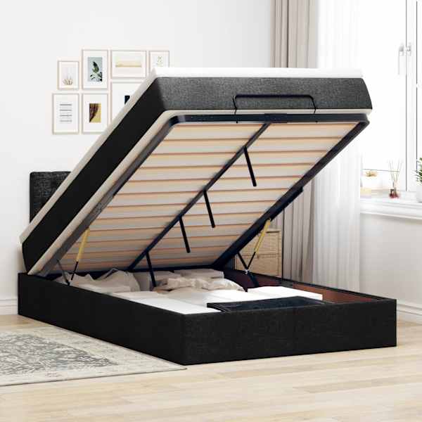 LED-valgustusega voodiraam peatsiga koos madratsiga, must, 120 × 190 cm, kangas — mudel 3312376