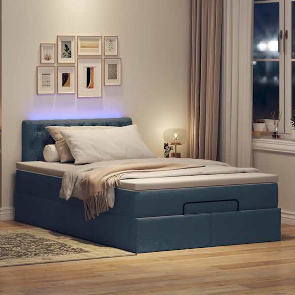 LED-valgustusega voodiraam peatsiga koos madratsiga, sinine, 120 × 200 cm, kangas — mudel 3312387