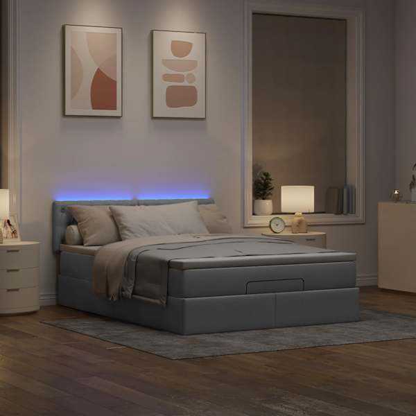 LED-valgustusega voodiraam peatsiga koos madratsiga, helehall, 140 × 190 cm, kangas — mudel 3312388