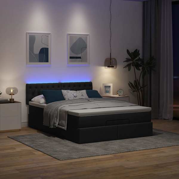 LED-valgustusega voodiraam peatsiga koos madratsiga, must, 140 × 190 cm, kangas — mudel 3312390