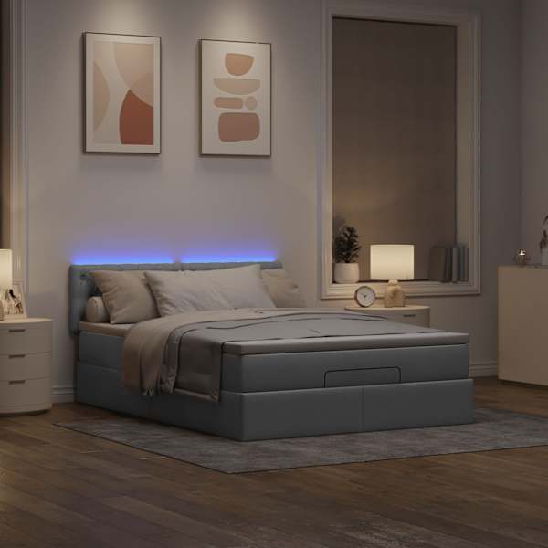 LED-valgustusega voodiraam peatsiga koos madratsiga, helehall, 140 × 200 cm, kangas — mudel 3312395