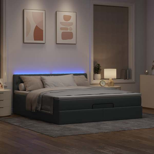LED-valgustusega voodiraam peatsiga koos madratsiga, helehall, 160 × 200 cm, kangas — mudel 3312402