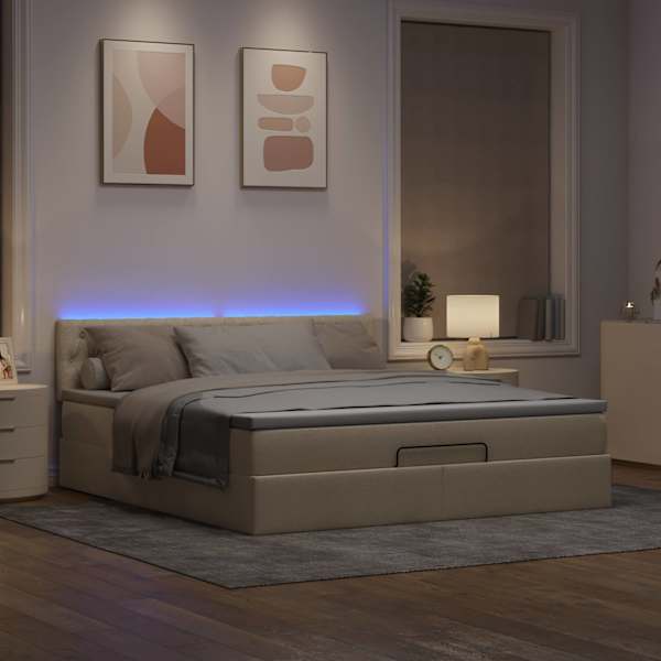 LED-valgustusega voodiraam peatsiga koos madratsiga, kreemjasvalge, 160 × 200 cm, kangas — mudel 3312407