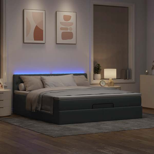LED-valgustusega voodiraam peatsiga koos madratsiga, helehall, 180 × 200 cm, kangas — mudel 3312409