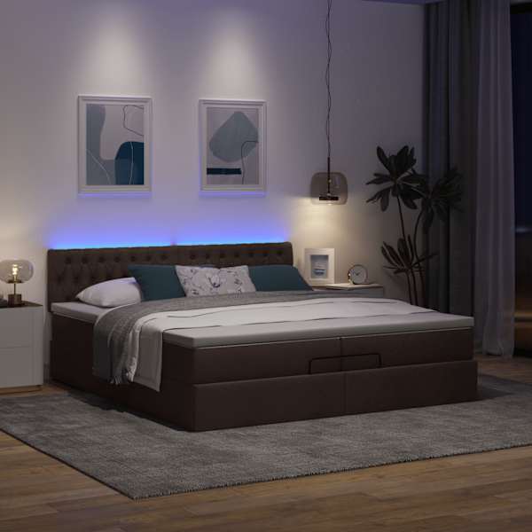 LED-valgustusega voodiraam peatsiga koos 2 madratsiga, tumepruun, 200 × 200 cm, kangas — mudel 3312419