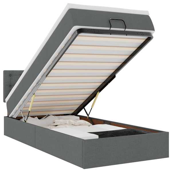 LED-valgustusega voodiraam peatsiga koos madratsiga, tumehall, 90 × 190 cm, kangas — mudel 3312437