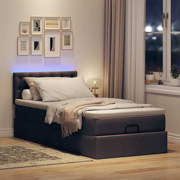 LED-valgustusega voodiraam peatsiga koos madratsiga, tumepruun, 90 × 190 cm, kangas — mudel 3312439