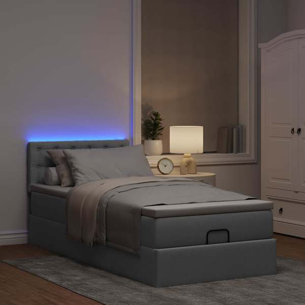 LED-valgustusega voodiraam peatsiga koos madratsiga, helehall, 90 × 200 cm, kangas — mudel 3312443