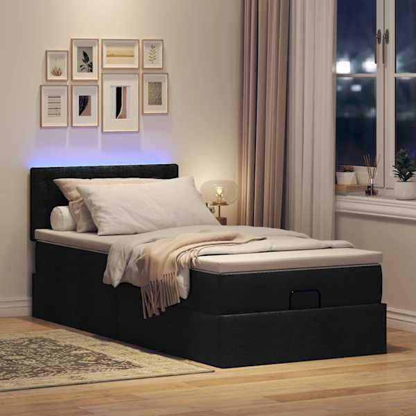 LED-valgustusega voodiraam peatsiga koos madratsiga, must, 90 × 200 cm, kangas — mudel 3312445