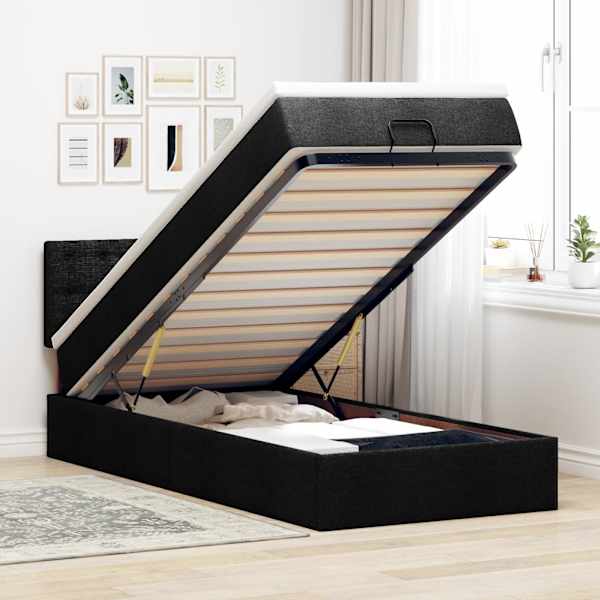 LED-valgustusega voodiraam peatsiga koos madratsiga, must, 90 × 200 cm, kangas — mudel 3312445