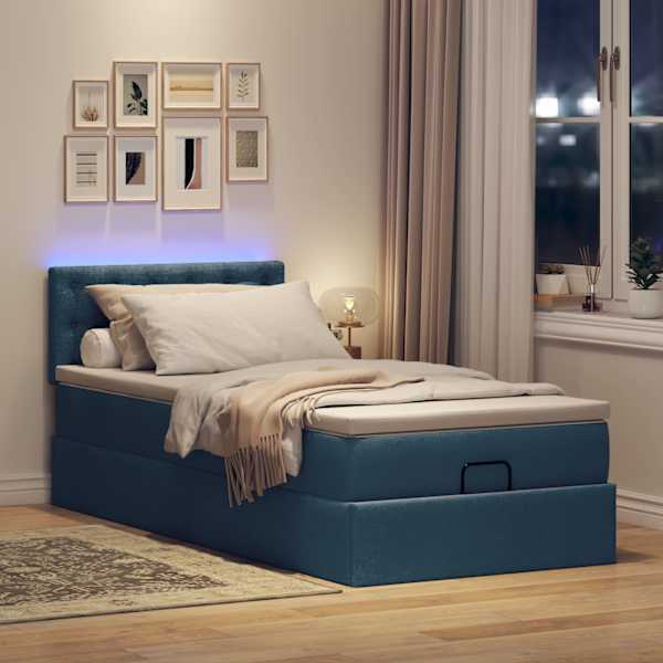 LED-valgustusega voodiraam peatsiga koos madratsiga, sinine, 100 × 200 cm, kangas — mudel 3312456