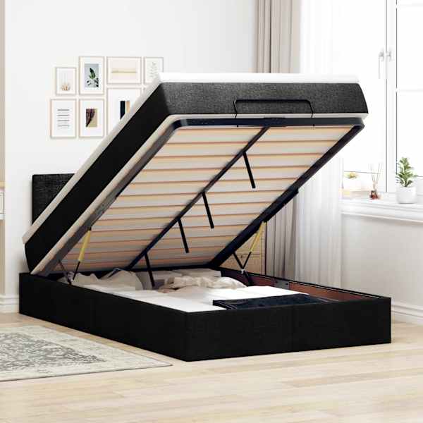 LED-valgustusega voodiraam peatsiga koos madratsiga, must, 120 × 190 cm, kangas — mudel 3312459