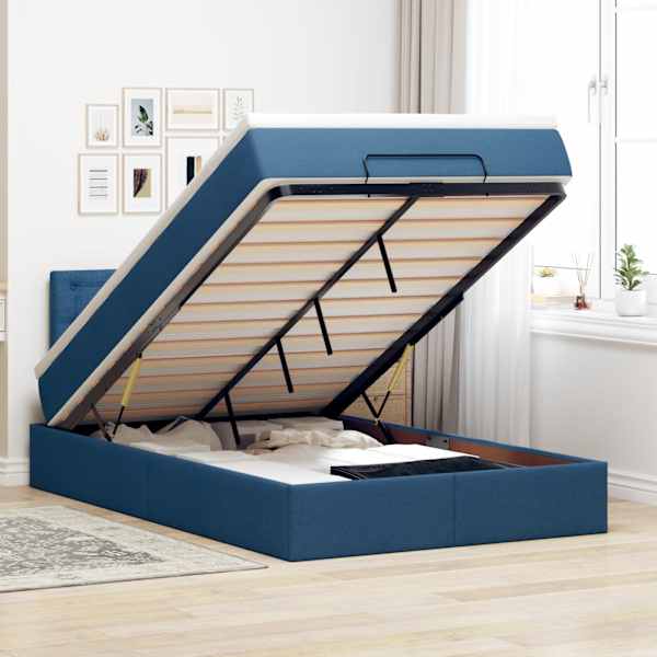 LED-valgustusega voodiraam peatsiga koos madratsiga, sinine, 120 × 190 cm, kangas — mudel 3312463